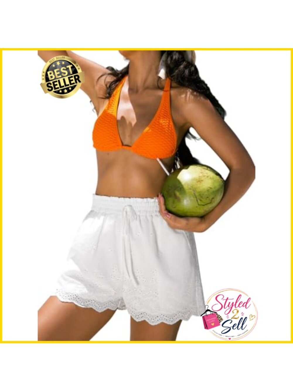 High Waist Eyelet Shorts Scalloped Hem Drawstring Casual Cotton